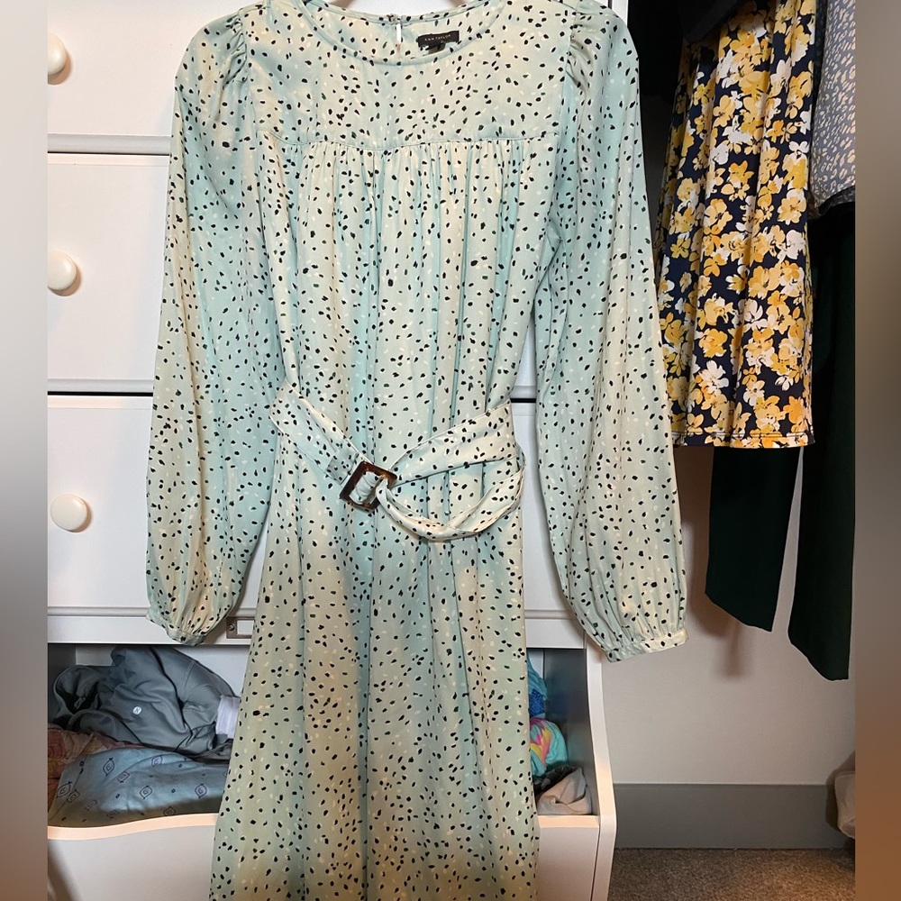 Ann Taylor dress. Mint shift dress with sleeves and belt.